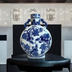 Rare Vintage Blue White Floral Porcelain Vase Two Handled 10.5" Profile China VG